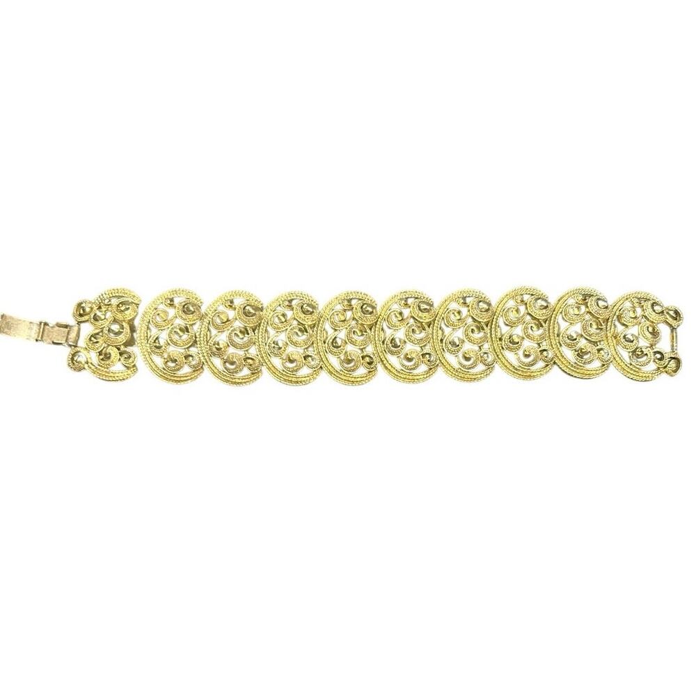 Vintage chunkyGold Tone Filigree Bracelet Boho Ornate Scroll Link Statement 7.5 - Picture 2 of 6